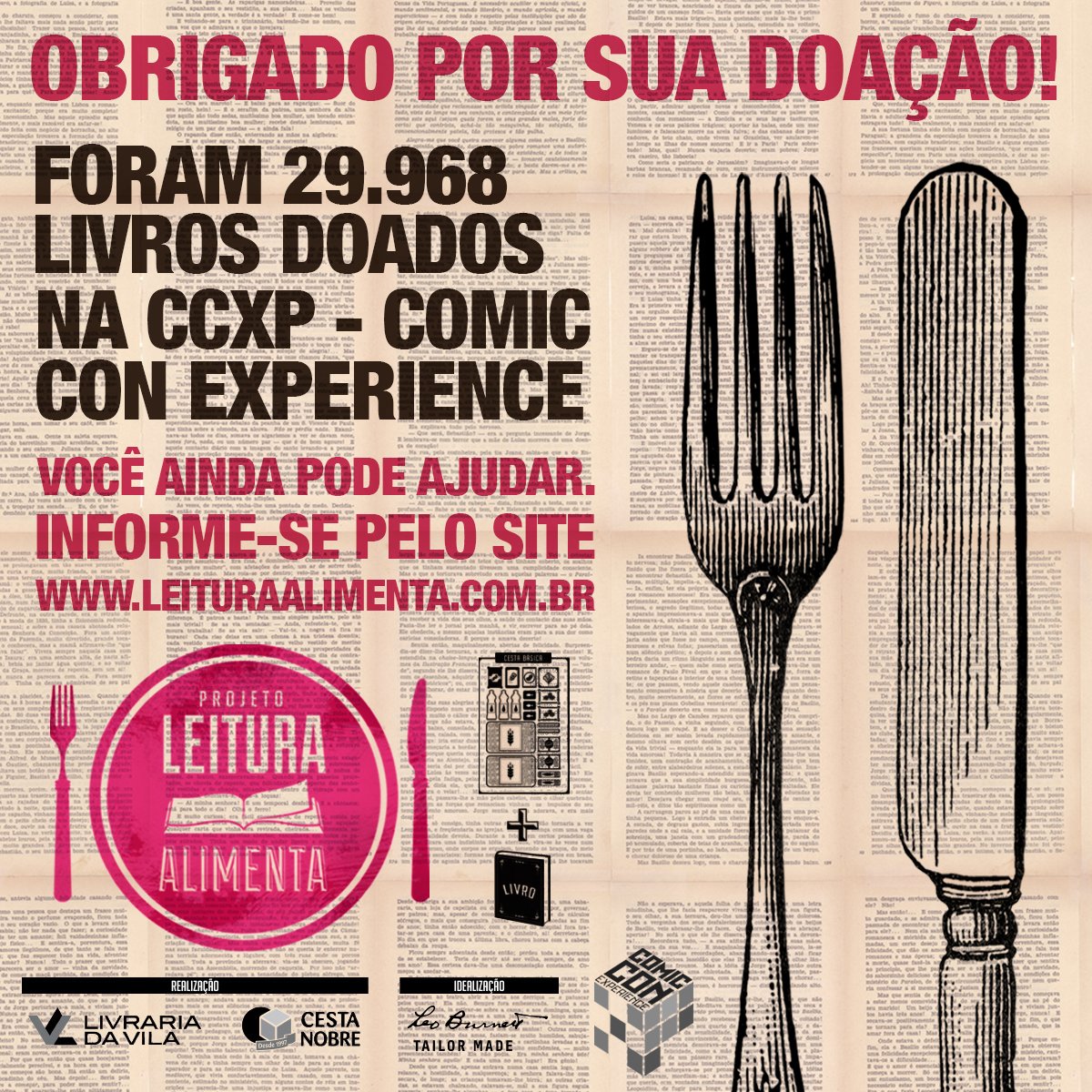 CCXPoficial's tweet photo. Agradecemos a todas as doações de livros para o projeto #LeituraAlimenta feitas pelos fãs na #CCXP2015! https://t.co/7MwfrCrZQ8