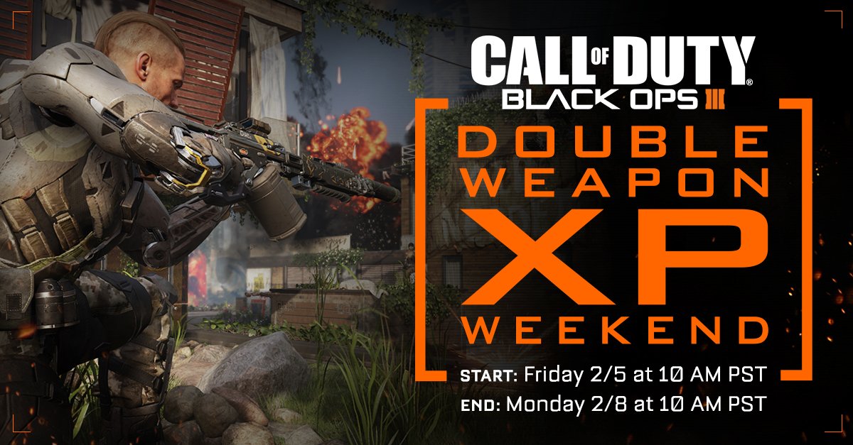 Treyarch's tweet image. It's going to be a big weekend...let's make it bigger: tomorrow at 10am/PST, we'll kick off a 2xWeapXP weekend.