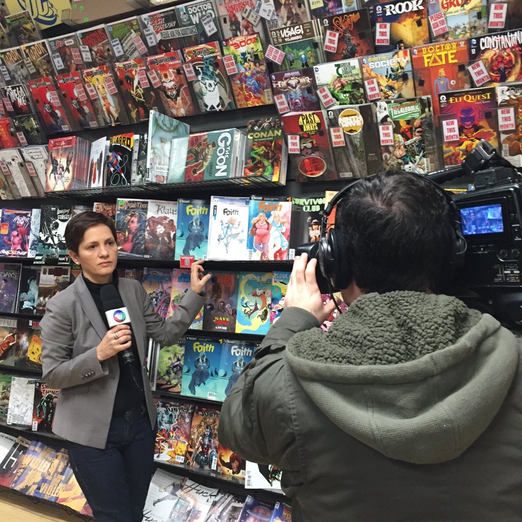 MidtownComics's tweet photo. A news station is covering @ValiantComics' release of Faith #1 at Midtown Comics! Pick up your copy today! #Valiant https://t.co/aPVf7bjgA2