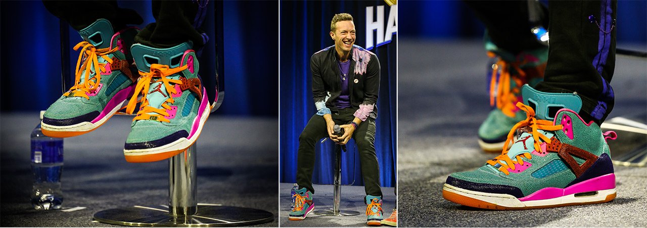 hermosa Bastante Ejercicio mañanero Coldplay's Chris Martin Gets Ready For His Super Bowl Performance In  Colorful Jordans Sneakers, Jordans, Coldplay | gensoudiary.com