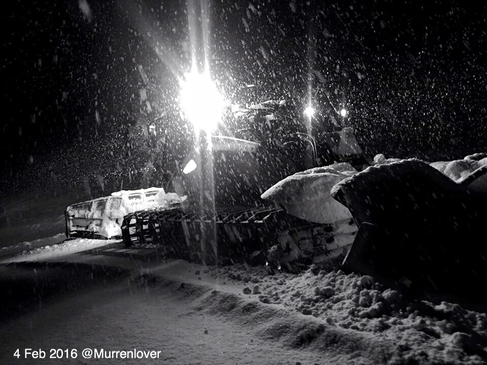 It's still snowing in #Mürren.It's late but the bashers are out on the village slopes and above. #Schilthorn