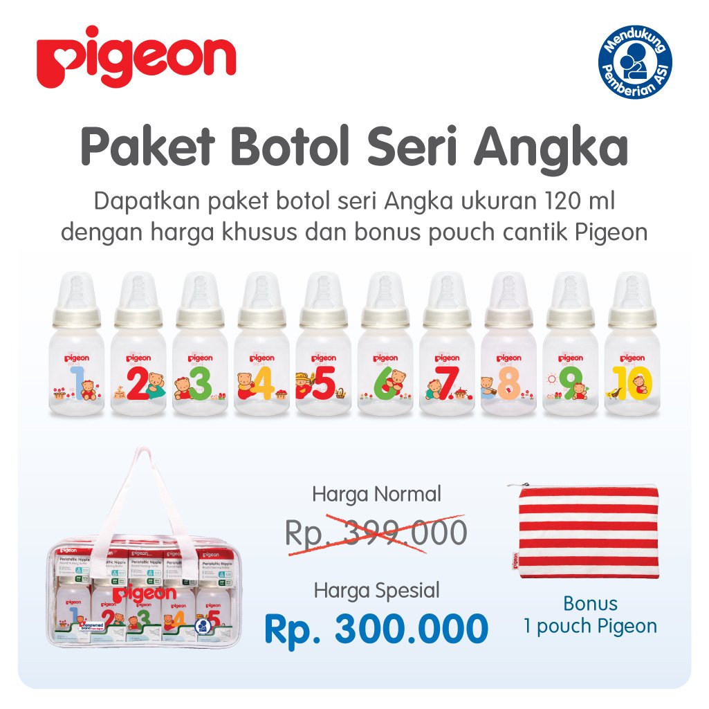 Dapatkan Paket botol Pigeon Seri angka 1 - 10 ukuran 120ml dgn harga khusus dan bonus Pouch cantik Pigeon :)