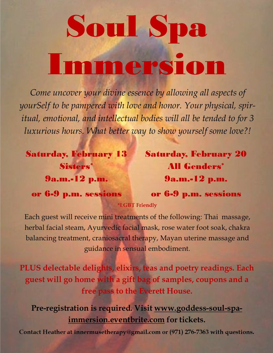 HCCPdx's tweet photo. 2.13.16 Soul Immersion *3 hours of talented healers pampering mind, body and soul! More info https://t.co/JokMHUcvRg https://t.co/xxHAsOpPfC
