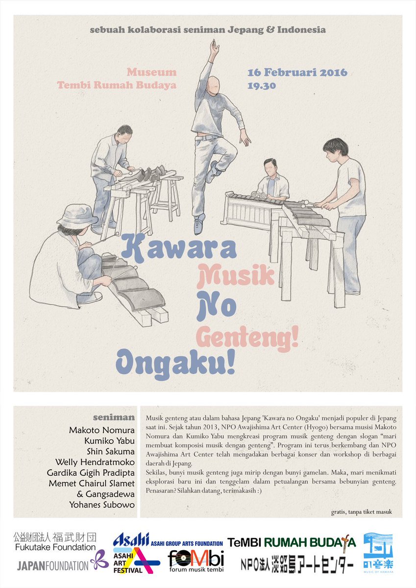 kolonigigs_'s tweet photo. "MUSIK GENTENG" konser kolaborasi Jepang-Indonesia | 16 feb | 19.30 | Tembi Rumah Budaya. | FREE | @foMbi_ https://t.co/YlVohJ3TTs