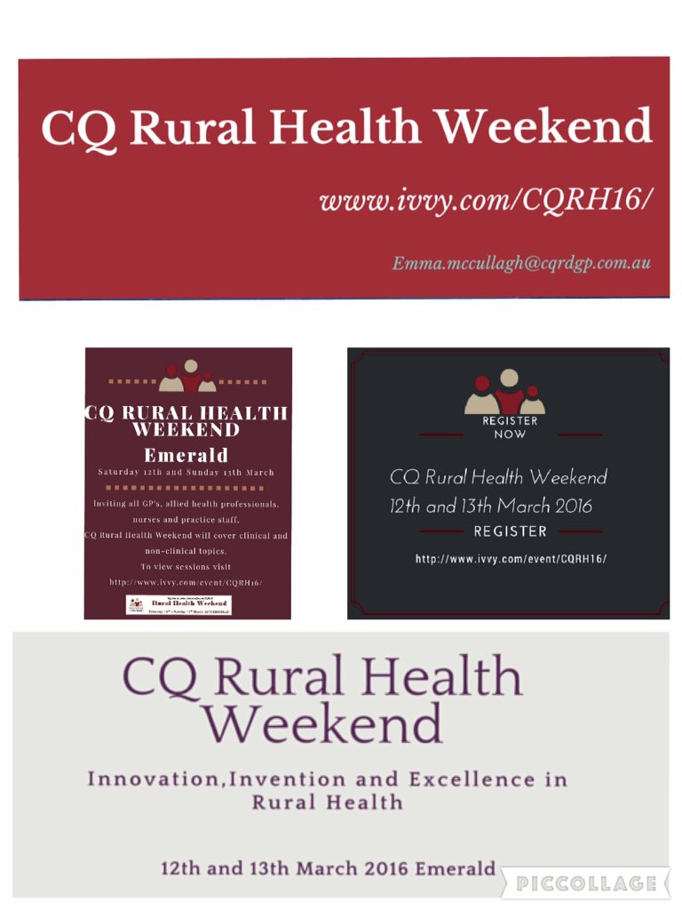CQRuralHealth's tweet photo. Rural Health Weekend 2016. Program available at https://t.co/JTVBZwuVBY @HeartofAust @RuralDoctorsAus @RuralDocsQ https://t.co/PQFuLqiqOy