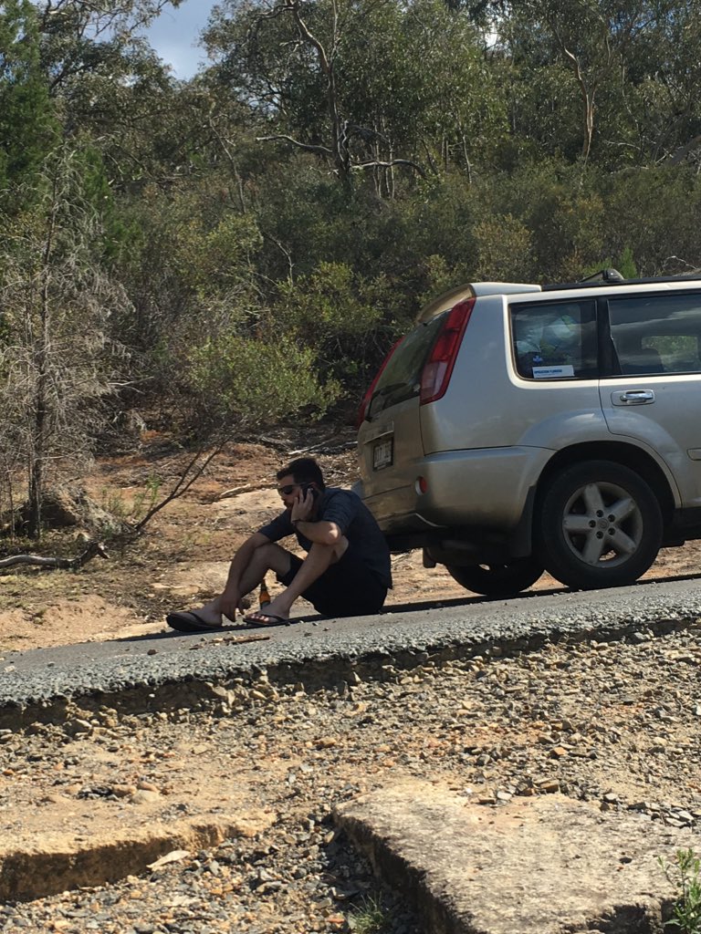 TheTimbersBand's tweet photo. Beno doing an interview with @2XXFM in Canberra from Beechworth Gorge. #restlesstour https://t.co/0wPZXiYzVW