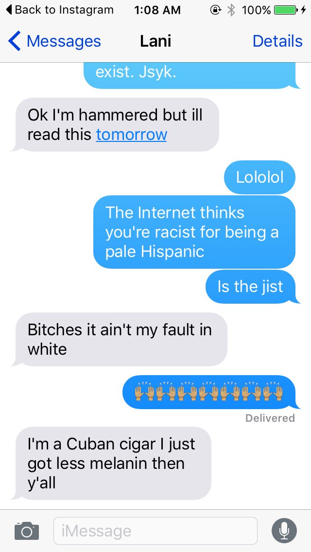 emloringg's tweet photo. Fave text exchange with my fave @alannahh_d #palehispanic #cubancigar #dumbracism https://t.co/4eUJaPXBl4