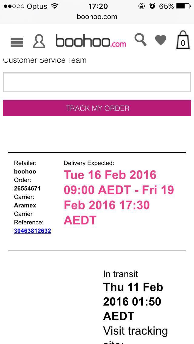 Spaamup's tweet photo. @boohoo_cshelp order made on 8th, paid 4 day Oz del, track my order says latest delivery is 19th. Fuming! https://t.co/oWNfK9Vg8n