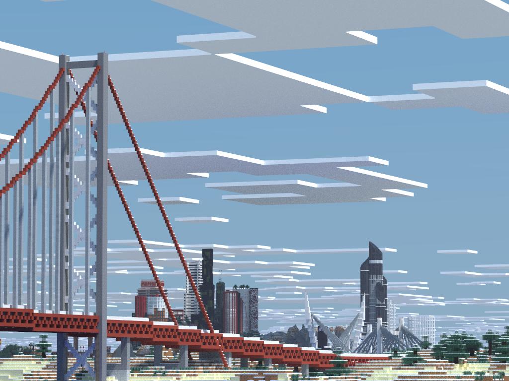 GTFOminecraft's tweet photo. [Render] Bridge and city in the background https://t.co/0rHyyIO409