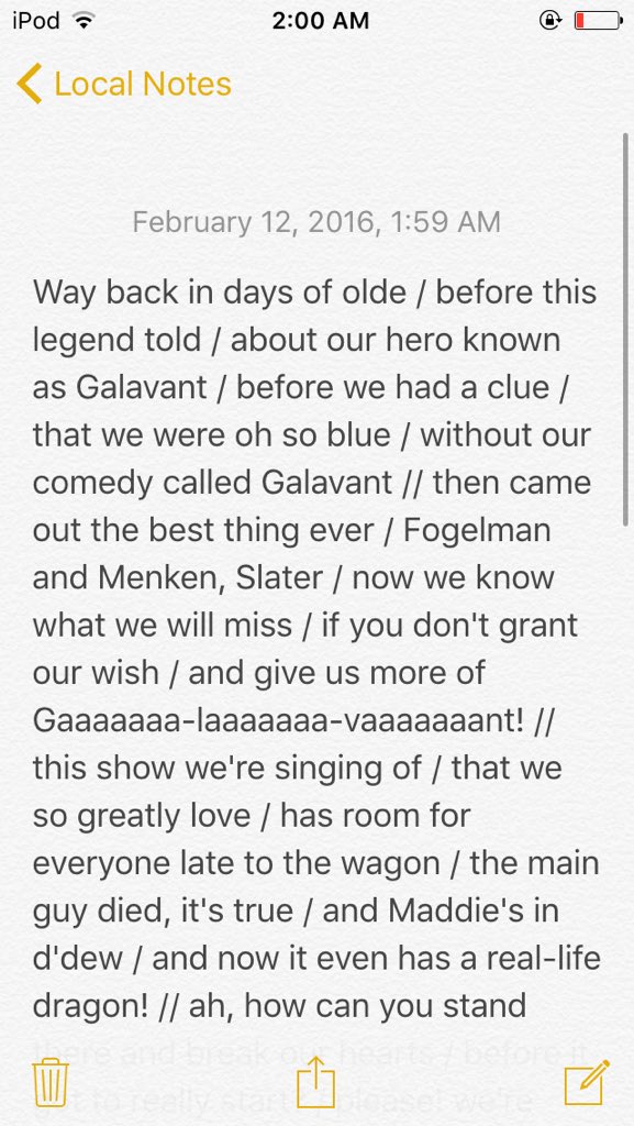 galavantcentral's tweet photo. Finished it moreorless #GalavantGuild @KarenDavid @Omundson @SlaterLyrics @klikkonthis @Dan_Fogelman #RenewGalavant https://t.co/94qZ4eJda6