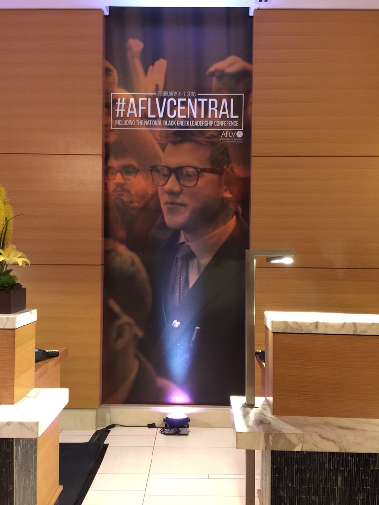 PhiDeltMNSU's tweet photo. Former Phi Delta Theta President, @carl_vagle on display on a large banner in the #AFLVCentral hotel lobby https://t.co/BRblU0y5i5