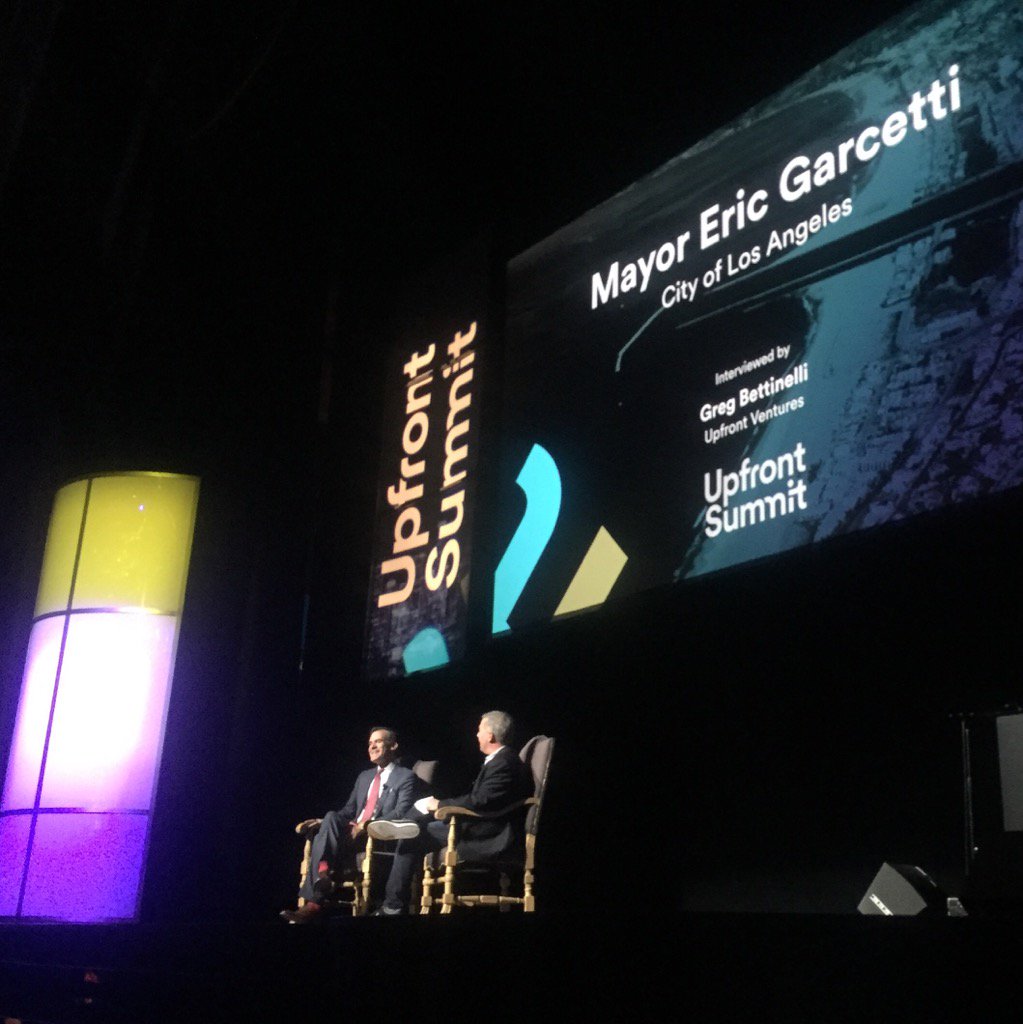 crystalrose's tweet photo. "LA is the tech center of the world" –@ericgarcetti at a fireside chat with @gregbettinelli #UpfrontSummit https://t.co/pjfU5JfdL8