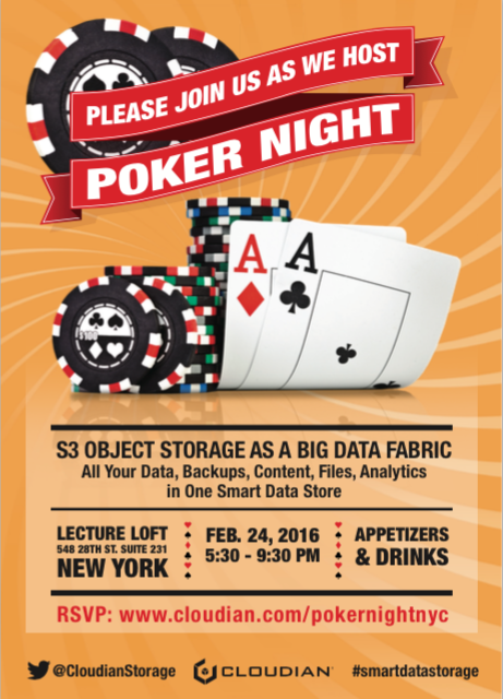 CloudianStorage's tweet photo. Join #Cloudian for Poker night! Show off your skills &amp; talk #storage with like-minded pros https://t.co/RkeepKVcg6 https://t.co/IYRIgDpZT3