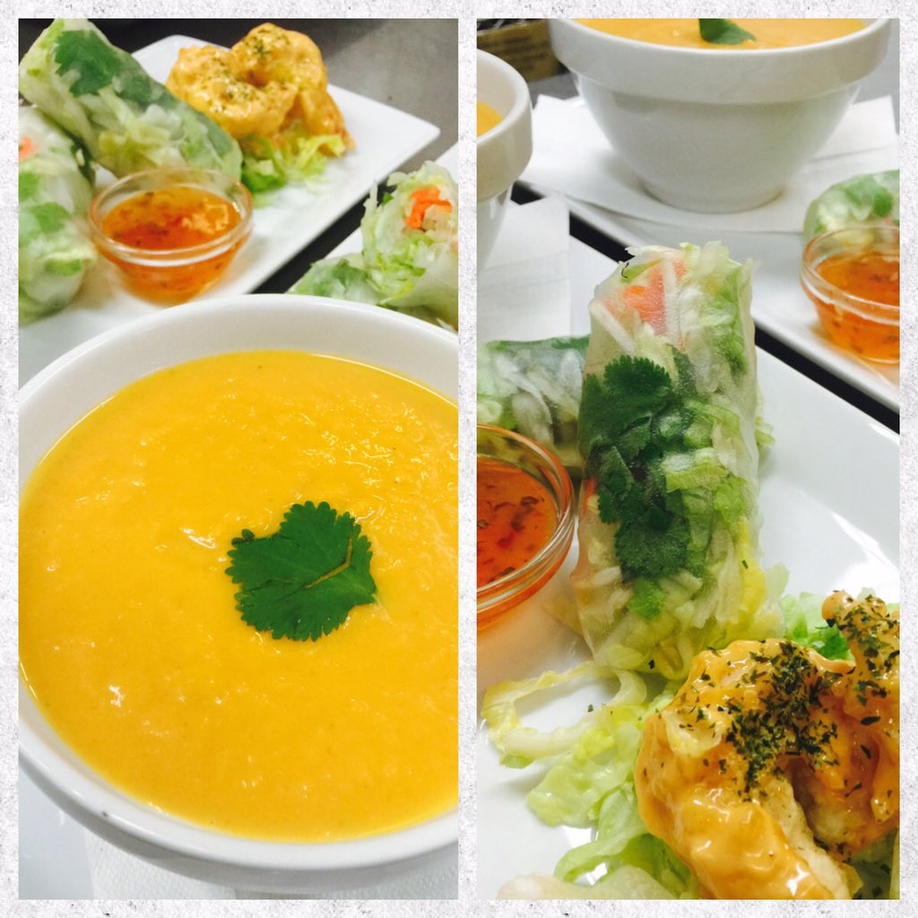 SoyAsian's tweet photo. Lunch special.  Spicy yam ginger soup,salad roll and prawn mayo. #kelowna #soyasianfusion #lunch https://t.co/2zLeMJhoAr