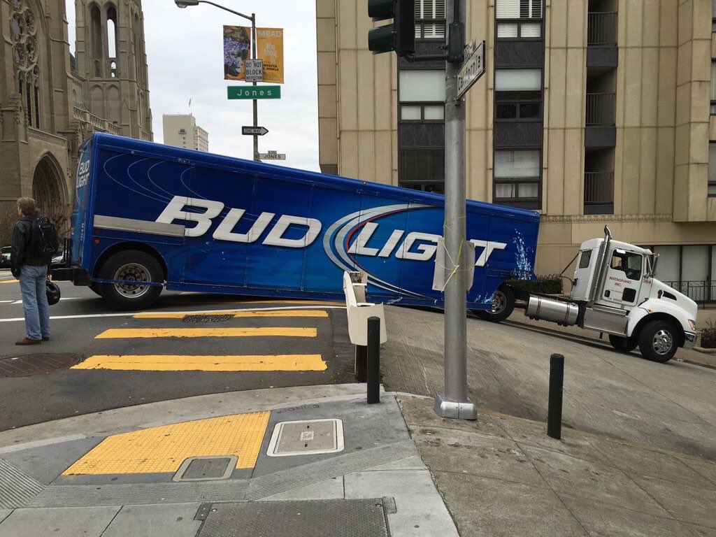 sanfranmag's tweet image. Forget the game: San Francisco has already won the Super Bowl of stuck beer trucks.
