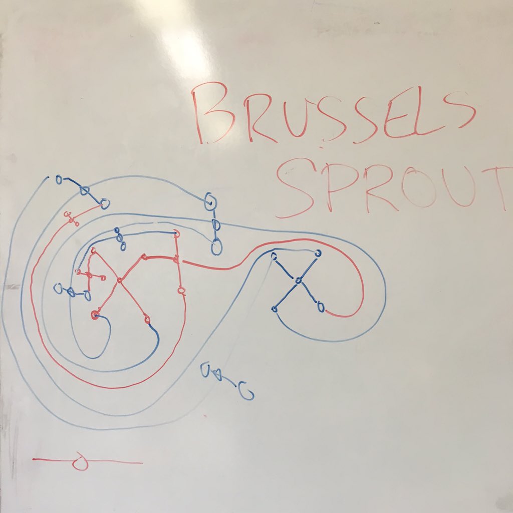 SFMathCircle's tweet image. We got into a pretty wild game of Brussel Sprouts at #mathcirle today. The student beat the teacher! #math #games