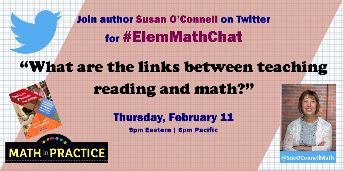 In one week: Join <a href="/SueOConnellMath/">Sue O'Connell</a> when she hosts #ElemMathChat to discuss links between teaching reading and math.