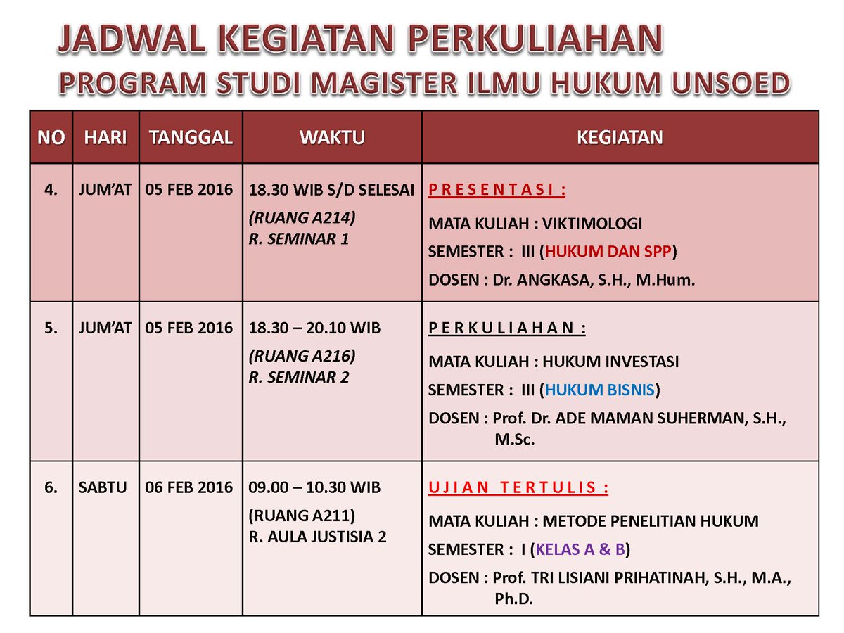 mihunsoed's tweet photo. JADWAL PERKULIAHAN, PRESENTASI &amp; UJIAN MHS MIH UNSOED 05-06 FEBRUARI 2016 https://t.co/CmzknzrYHR