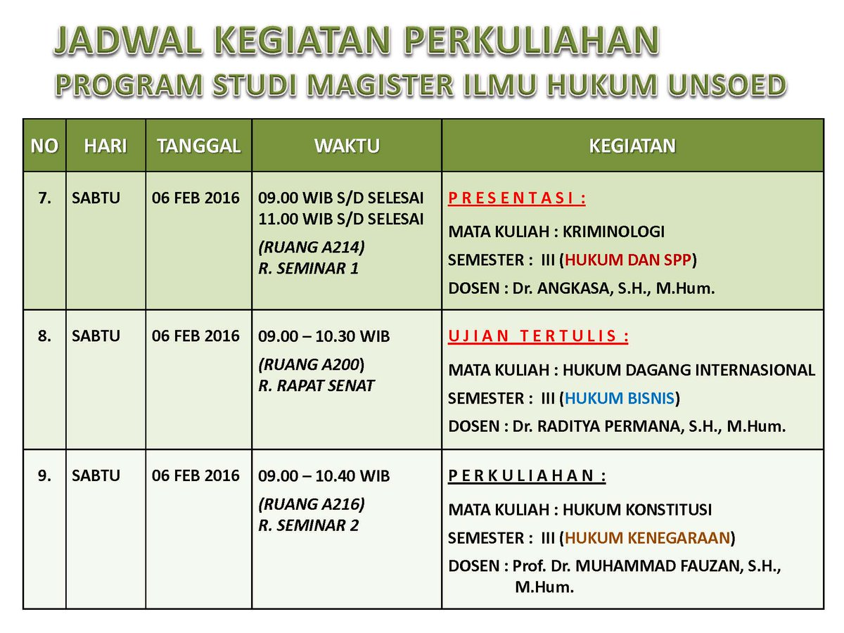 mihunsoed's tweet photo. JADWAL PERKULIAHAN, PRESENTASI &amp; UJIAN MHS MIH UNSOED 05-06 FEBRUARI 2016 https://t.co/CmzknzrYHR