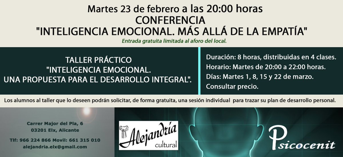 Psicocenit's tweet photo. Conferencia y taller de inteligencia emocional en la ciudad de Elche: Alejandría Cultural. https://t.co/AJDkMeIqcK
