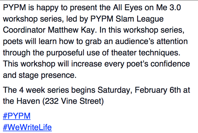 c_rockphilly's tweet photo. Philly Youth Poets! We have a brand new workshop this Saturday led by @MattRKay!
@PYPM215
#PYPM #WeWriteLife https://t.co/lIeZsHt5MR