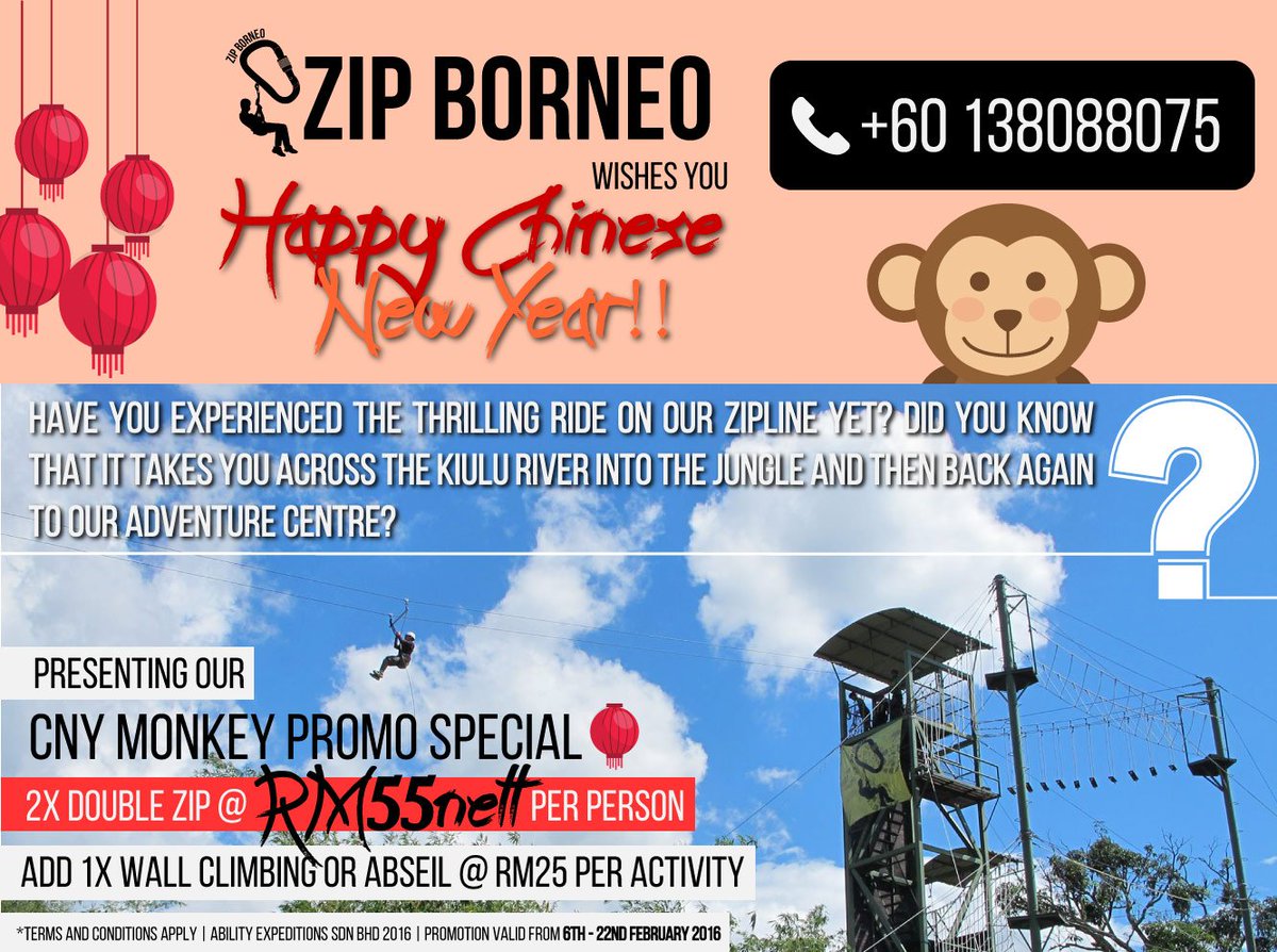zipborneo's tweet photo. #ZipBorneo's CNY MONKEY PROMO SPECIAL IS ON From 6TH - 22ND FEBRUARY 2016!! @KKCity @SabahInfo @SabahBah_ https://t.co/e7EtZysoM4