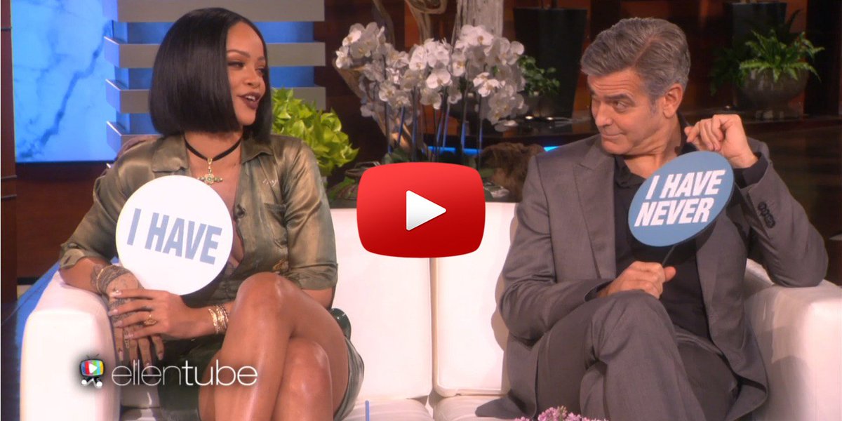 ELLEmagazine's tweet photo. Watch Rihanna call bullshit during a game of "Never Have I Ever" with George Clooney: https://t.co/i7rj8iiXub https://t.co/d6EwFeA7Ai