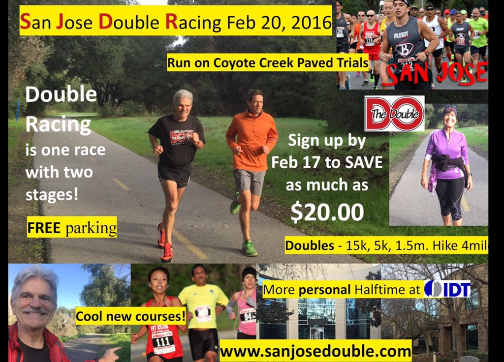 DoTheDouble's tweet photo. San Jose Double Racing! Feb 20! Do The Double! One Race in two stages! #runchat #running #doubleracing #doublerunner https://t.co/JkUMCPrCUK