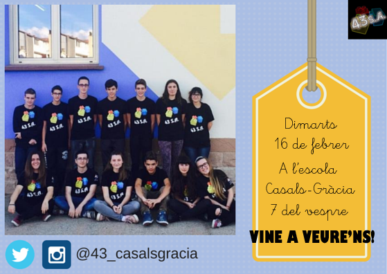 43_casalsgracia's tweet photo. Tots esteu convidats a venir a veure'ns dimarts 16 @FLLSpain @UVic_UST @CasalsGracia #FirstLegoLeague #43sa #Manlleu https://t.co/NGfhT6Pe9D