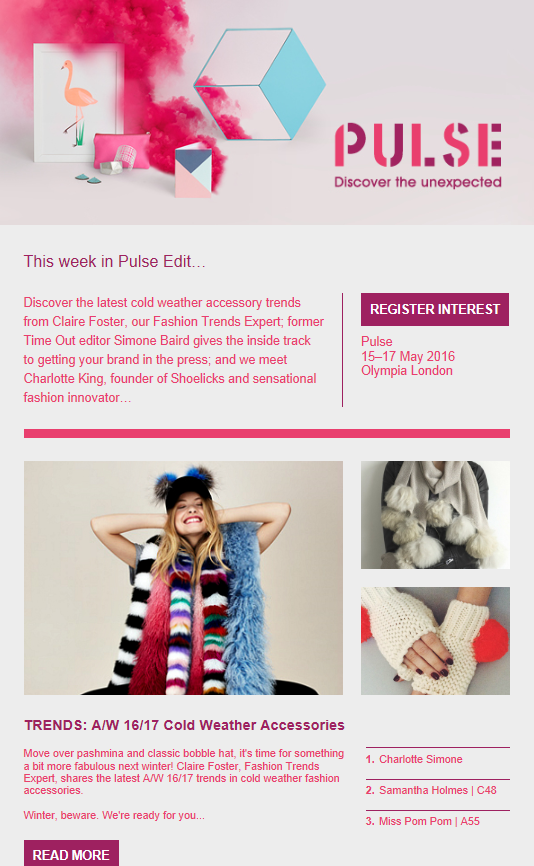 PulseLondonShow's tweet photo. Brrr... It's cold outside! Keep your eyes on your inbox for the latest cold weather accessory #trends. #PulseEdit https://t.co/9GKbLZLB3y