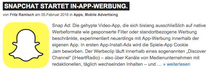 mobilbranche's tweet photo. Snapchat startet In-App-Werbung - genauer gesagt #AppInstallAds. https://t.co/y8qrejh4GG #mobileadvertising https://t.co/Jpa6MRUERc