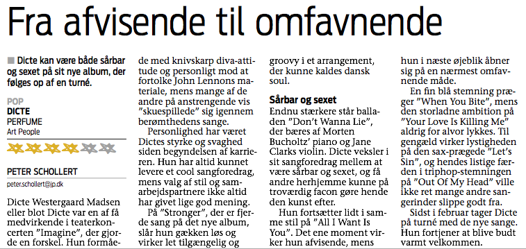 artpeopledk's tweet photo. Fire stjerne til Dicte for albummet “Perfume” i @jyllandsposten .. Der klappes i dobbelt takt https://t.co/PGxvMNhFH4