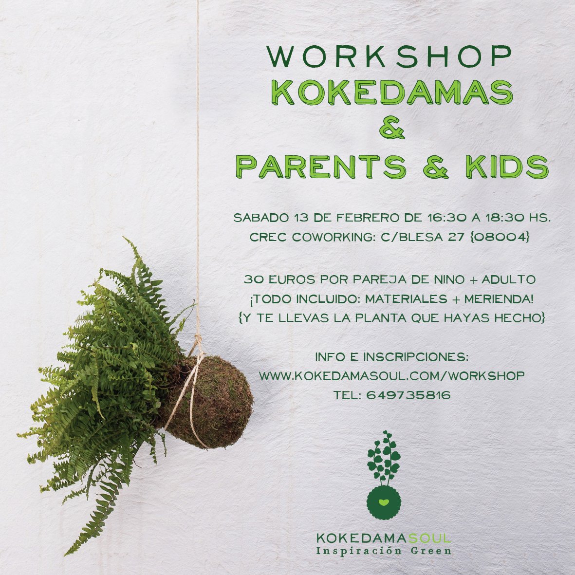 13 de Febrero: ya tienes planazo de sábado con niños! Nuestro taller de kokedamas! #tallerkokedama #kokedamasoul