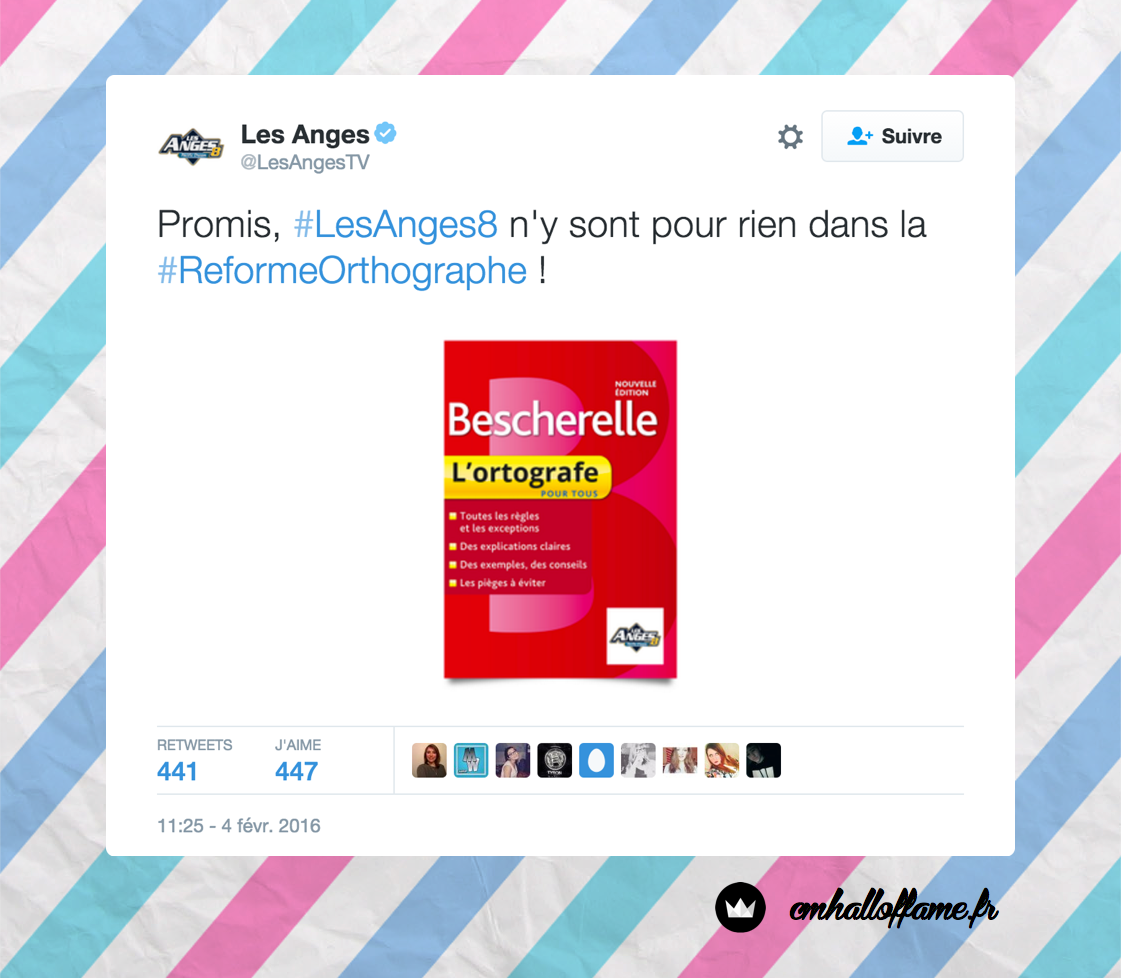 CMHallofFame's tweet photo. Si même @LesAngesTV s'y met... #ReformeOrthographe https://t.co/6wyx5YHVPy