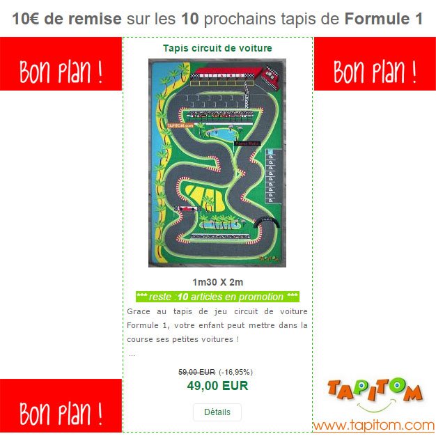 TAPITOMpointCOM's tweet photo. BON PLAN -10€ sur les 10 prochains tapis F1 #bonplan #remisetapis #tapisenfantpascher
https://t.co/rwxiW2rgoc https://t.co/9XIqmkyqEW