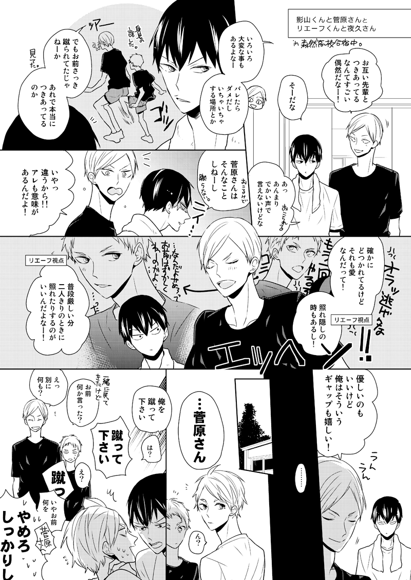 影菅&リエ夜久まんが。以前(2014年夏)出した本のつづきみたいな感じなんですけど俗に言う攻会議的な。2カプ共演なので閲覧注意です。ファイル漁ってたら見つけたので完成させたけど細かすぎてツイッター向きではなかった… 