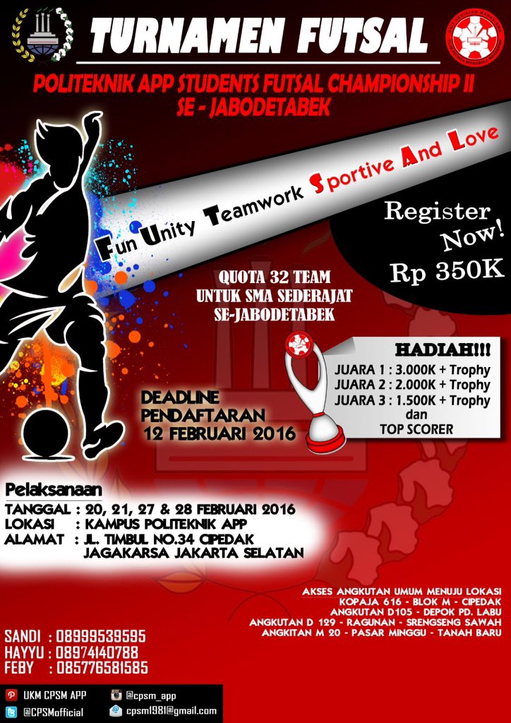 Untuk info lebih lanjut bisa langsung hubungin ke contact person di bawah ini ayo segera daftarkan tim kalian guys🎉🎉