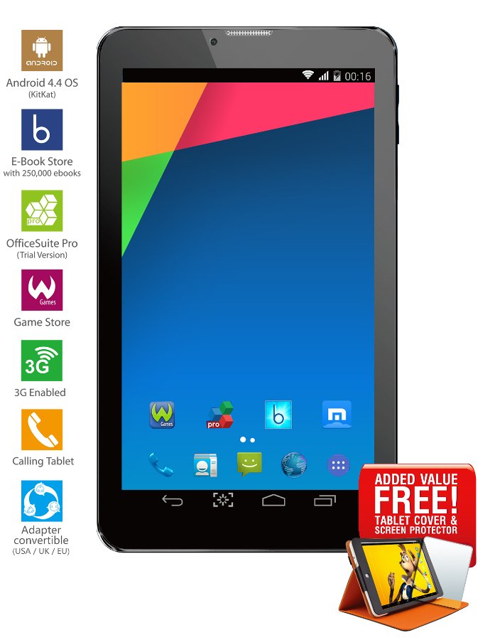 ZEASU Screen Size: 7 inch (16.9)Resolution: 1024 x 600CPU: MTK8312 Dual Core 1.2 GhzGPU: Mail400 Mp2OS: Android 4.4 KitkatRAM: 512MBROM: 8GBCAMERA: Front 0.3MP,Rear 2.0MPBATTERY: 2800mahBAND: 2GSM,3G WCDMAACCESSORIES: Micro USB cable User man (0797776102730)