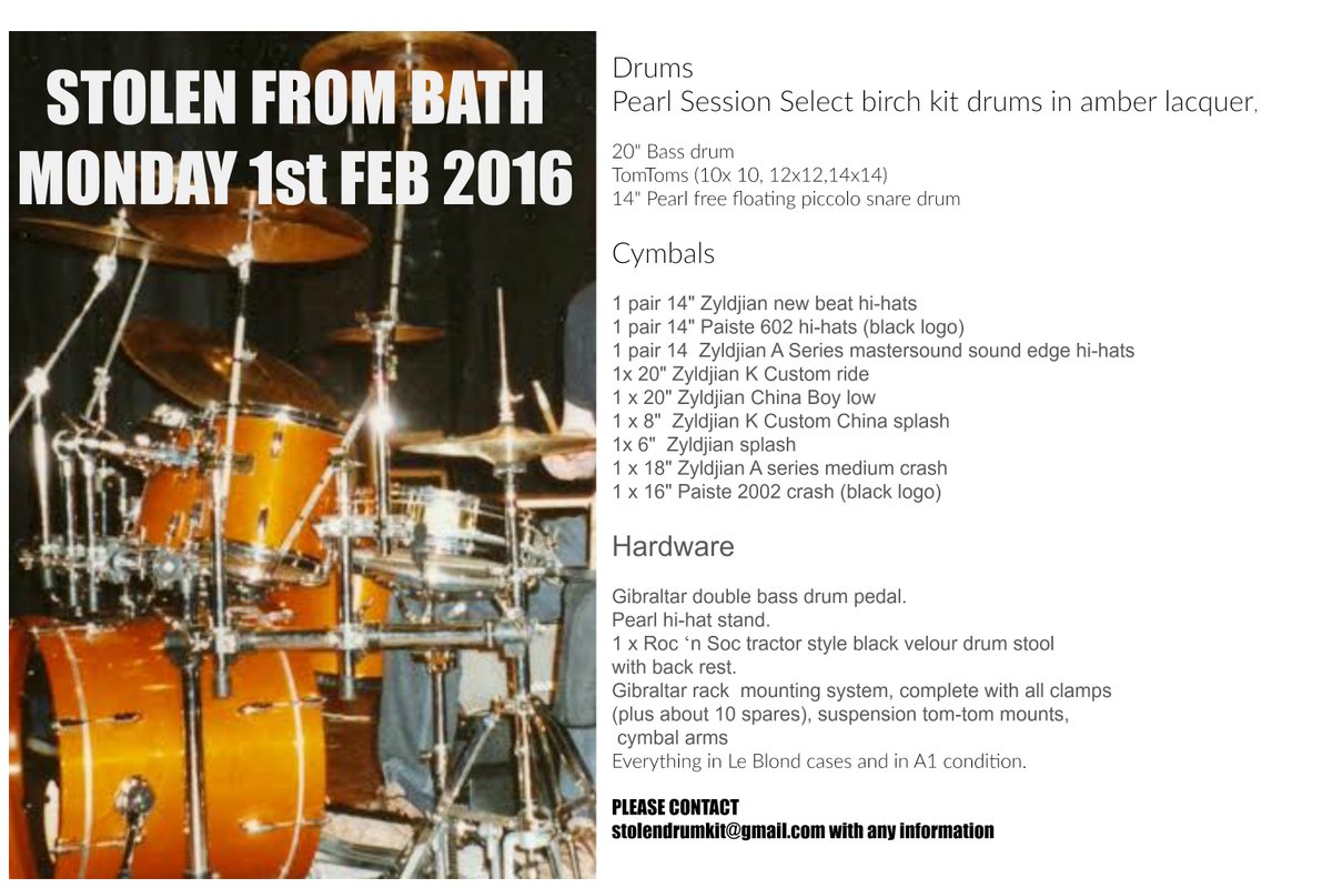 PopProjects's tweet photo. RT @welovesomerset: Drum kit stolen from #Bath. Please RT and share widely. https://t.co/GaNOeiY6Di