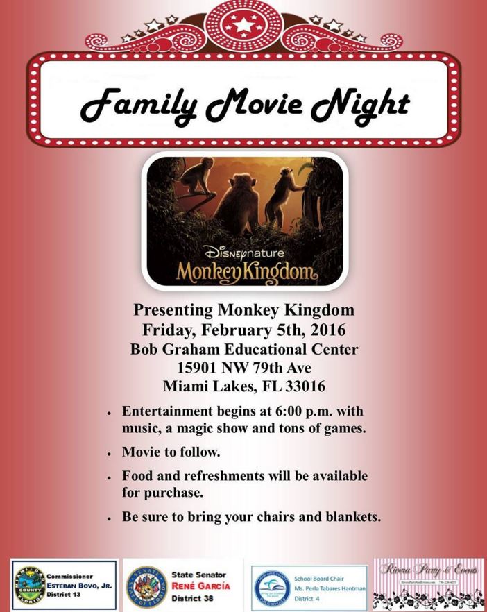 Family Movie Night Tonight at BGEC @ 6pm. Performances, Food, Games &amp; More! <a href="/TheMiamiLaker/">The Miami Laker</a> <a href="/SenReneGarcia/">René García</a> @CommBovo