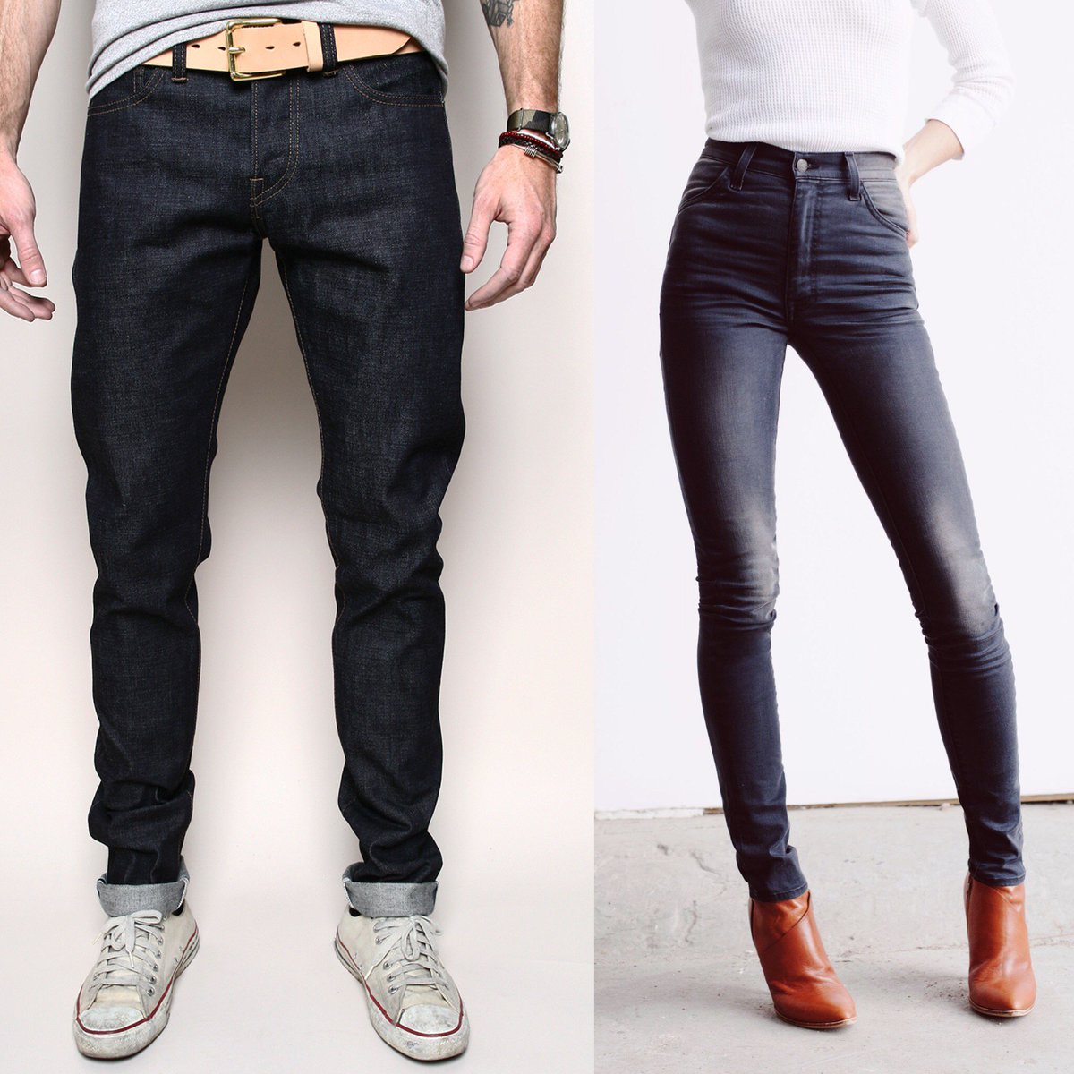 His &amp; Hers: #USAmade denim. Perfect for casual Friday &amp; a hot date night. @RogueTerritory (L) &amp; @ImogeneWillie (R)