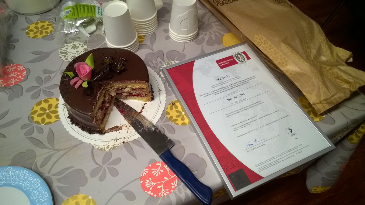 Yesterday, we cut the cake when the #ISO9001 V2015 -standard was officially handed over by @_BureauVeritas.
