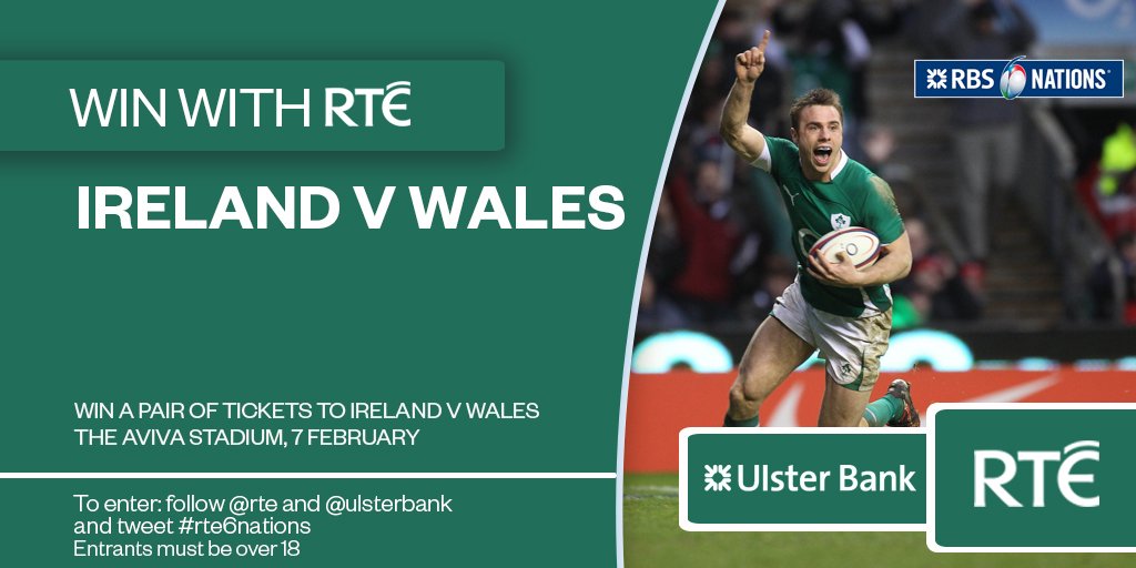 rte's tweet photo. Win a pair of tix for Ireland V Wales, this Sunday. To enter follow @rte &amp; @UlsterBank and tweet #rte6nations https://t.co/bZwbdXpI2E