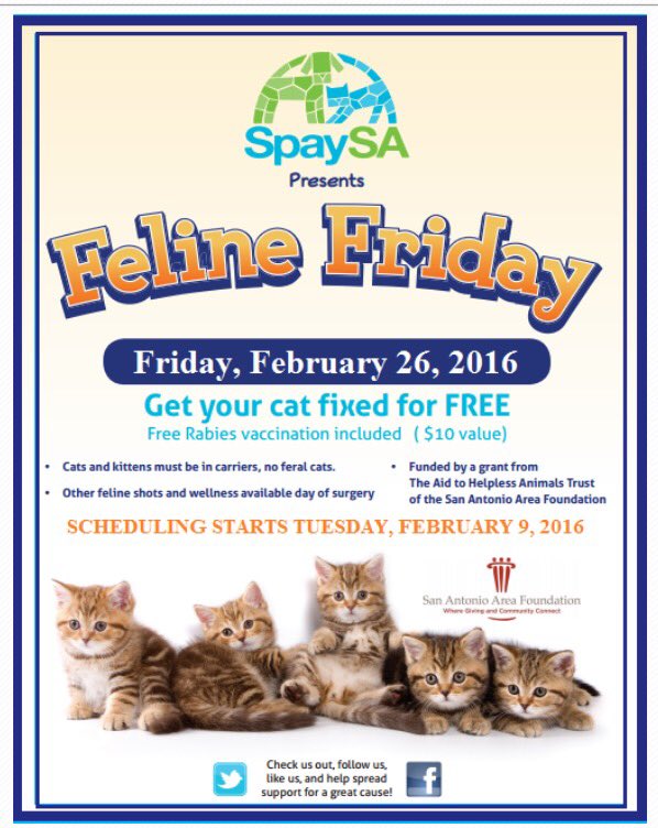 SpaySA's tweet image. We are fully booked for our Feb 12 Feline Friday, BUT scheduling for Feb 26 begins on Tuesday, Feb 9!