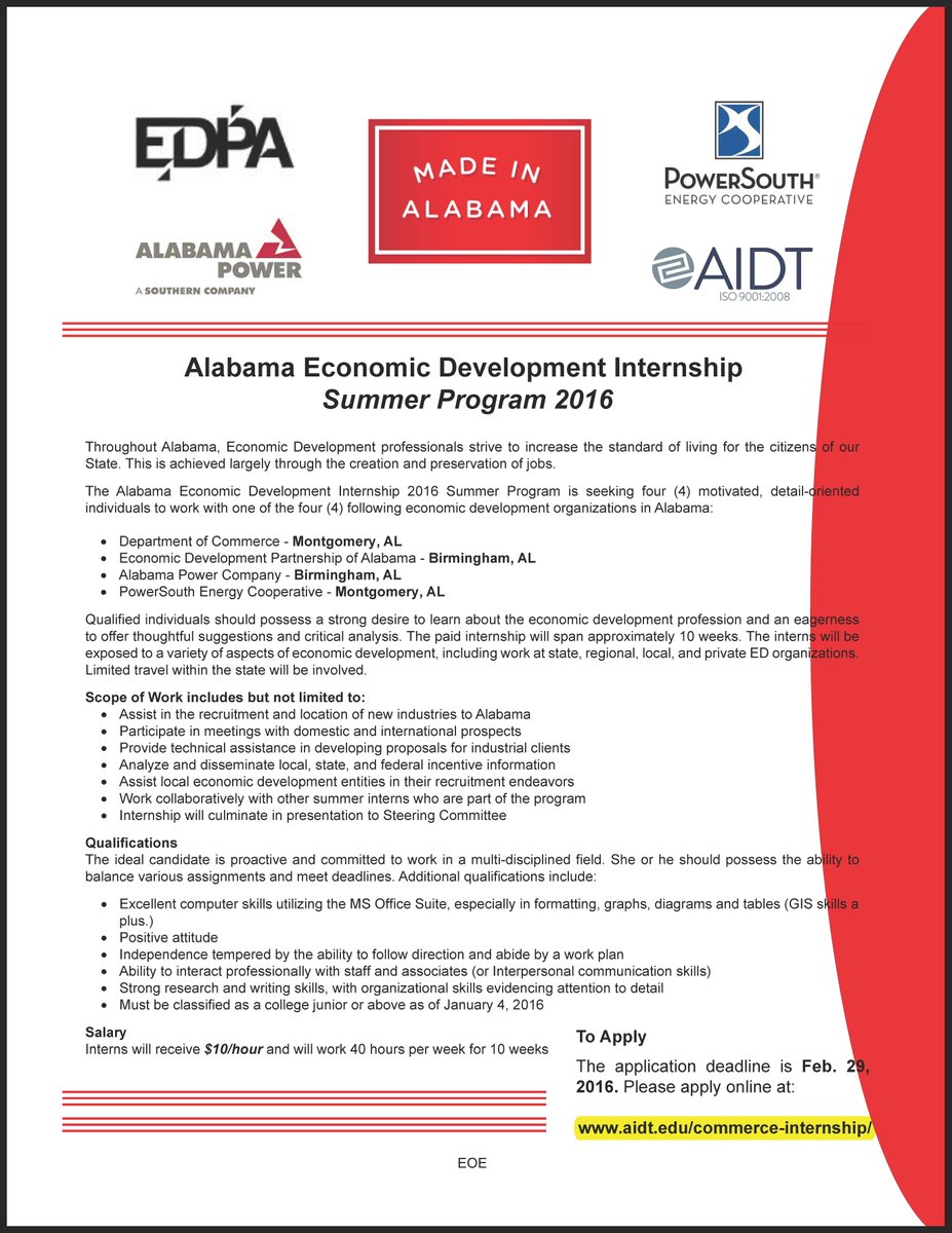 The Alabama Economic Development Internship 2016 Summer Program is accepting applications!
facebook.com/aum.cppj/photo…