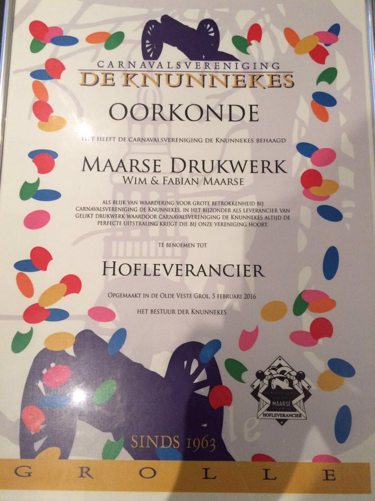 Wij zijn met trots hofleverancier geworden van de carnavalsvereniging de <a href="/knunnekes/">knunnekes</a> uit Groenlo. Bedankt! Alaaf!