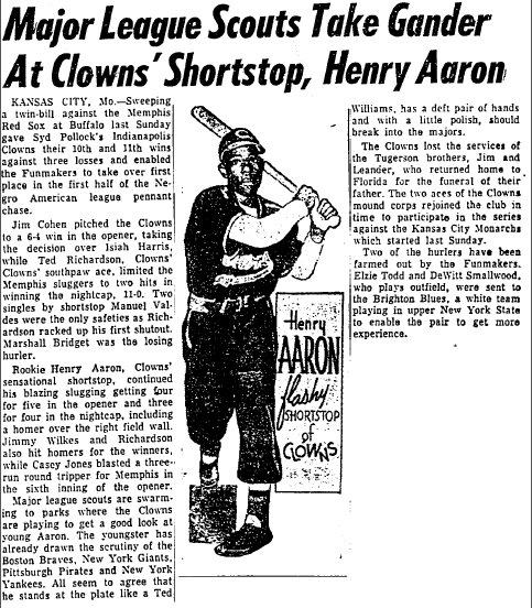 ckamka's tweet image. Here's a 6/7/1952 clipping from the Chicago Defender when Henry Aaron was 18: