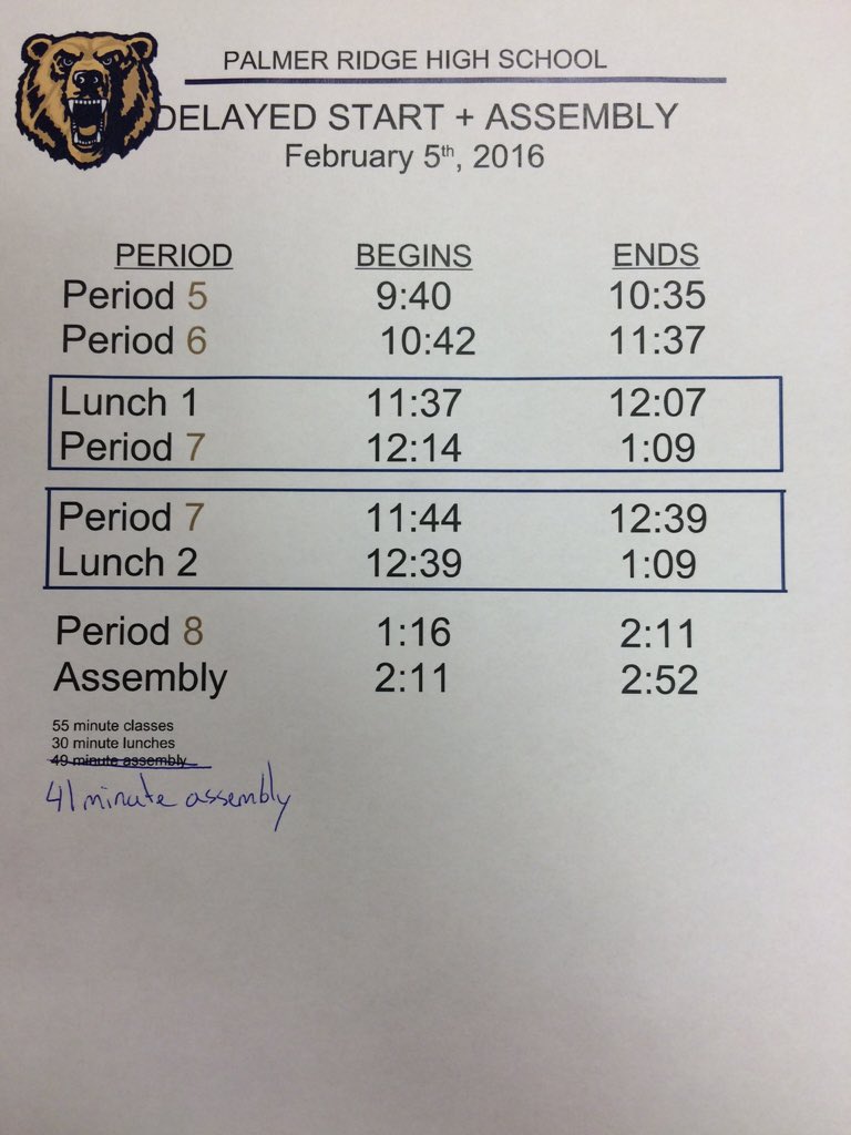 PalmerRidgeAD's tweet photo. Adjusted Schedule for Today @LewisPalmer38 @Coach_Grob @PRHS_Football @PalmerRidge @PRHSStuCo @PRHSTrack https://t.co/iA8vxVtPzi