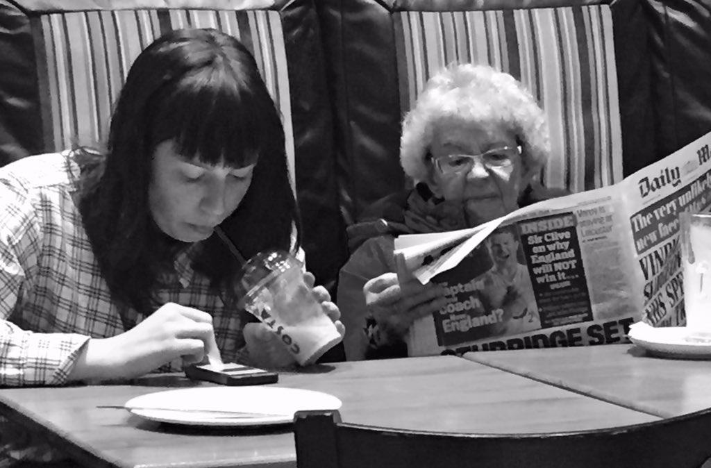 Leela40's tweet photo. Where different generations meet @CostaCoffee #plymouth #digitalvsprint #streetphotography https://t.co/KYiEbQoXKq