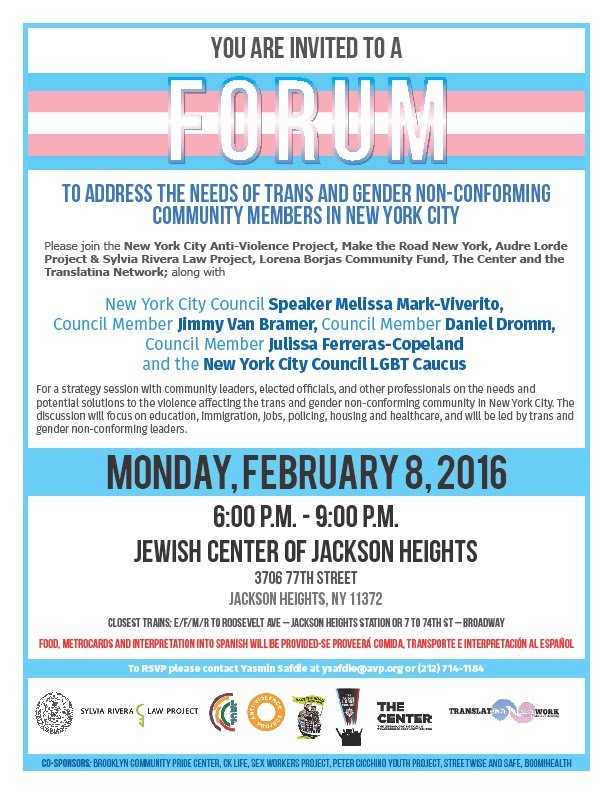 Come to the #Trans Forum in Queens! Mon. Feb 8, 6-9 PM, Jewish Center of #JacksonHeights 3706 77th St. #transgender